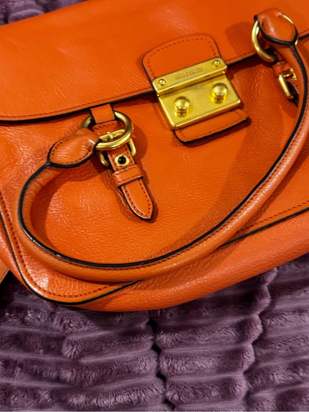 Miu Miu Madras Goatskin Flap Satchel Crossbody Bag Orange Leather Italy - Picture 12 of 16